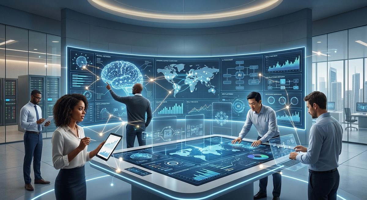 Team exploring AI, analytics and global business data on holographic displays