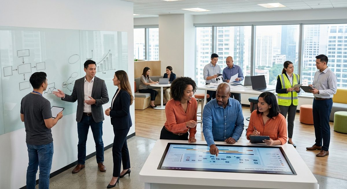 Business professionals collaborating around a touch table to connect and plan partnerships