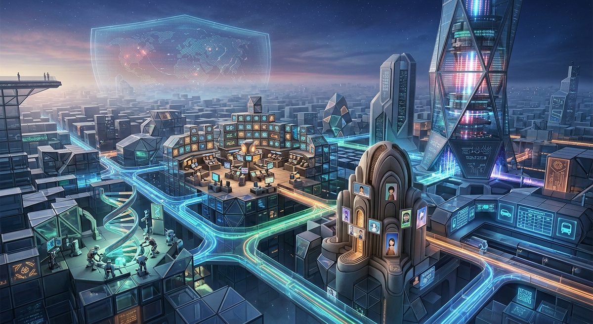 Futuristic connected digital platform city with data flowing between businesses