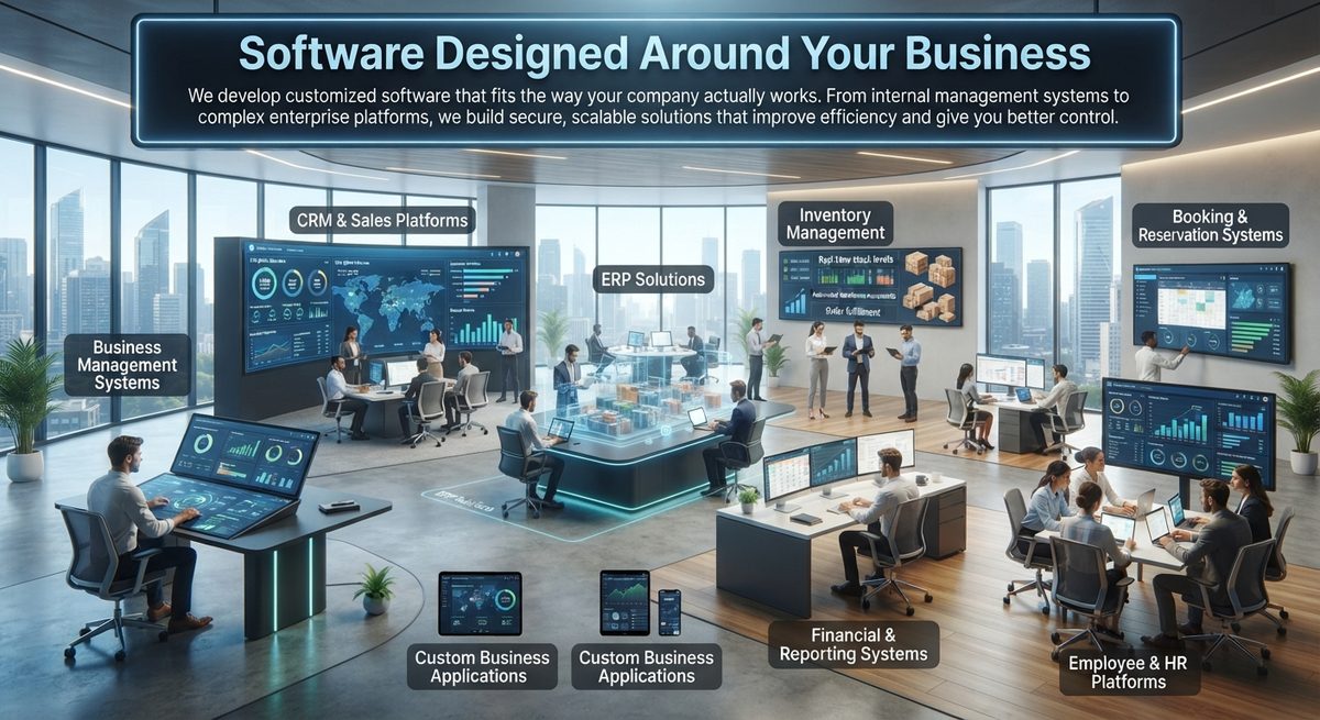 Teams using custom business software: CRM, ERP, inventory, booking, finance and HR dashboards